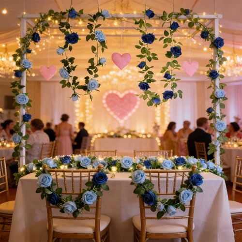 GREENTIME 2Pack 6.5FT Mixed Blue Artificial Flower Garland Fake Rose Vines - color: Light Sapphire Blue