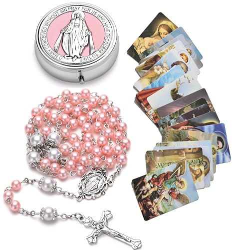 Rosary for Women with Case and 18pcs Prayer Cards, First Communion Gifts for Girls, Glass Pearl Beads and Virgin Mary Medal, Catholic Gifts - color: Pink