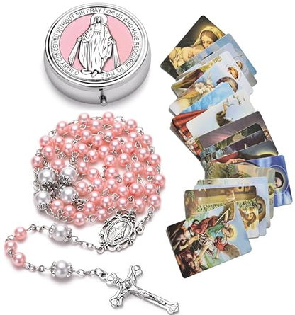 Rosary for Women with Case and 18pcs Prayer Cards, First Communion Gifts for Girls, Glass Pearl Beads and Virgin Mary Medal, Catholic Gifts - color: Pink