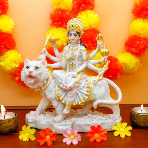alikiki Durga MATA Idol Statue– 8.5” Marble Color Hindu Goddess Durga on Tiger Sculpture India Diwali Gifts Home Office Temple Mandir Altar Pooja Murti Item Deepavali Gifts for Indian