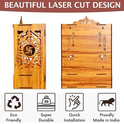 Wooden Temple Mandir for Home with Door | Beautiful Pooja Unit with Storage Space | with LED Light and Wall Mounts | Elegant Pooja Mandir for Home Big Size (Ex Large - 27 * 19 * 11 Inch)