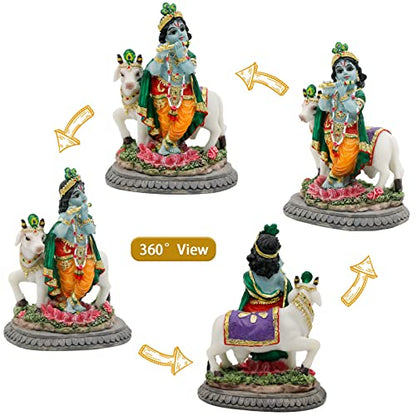alikiki Hindu Idol Lord Krishna Statue- 3.7”H Handmade Standing Krishna Murti Playing Flute with Cow for Home Office Mandir Temple Altar Shrine Pooja Item Diwali Puja Gifts