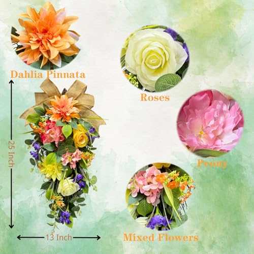 Svndlyn Lighted Spring Summer Floral Teardrop Swag with Burlap Bow, Dahlia