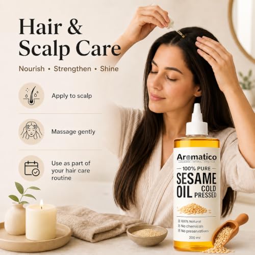 Aromatico Cold Pressed Sesame Oil for Skin, Hair and Massage, Lightweight Daily Care Oil, 7 Fl Oz - size: 7 Fl Oz