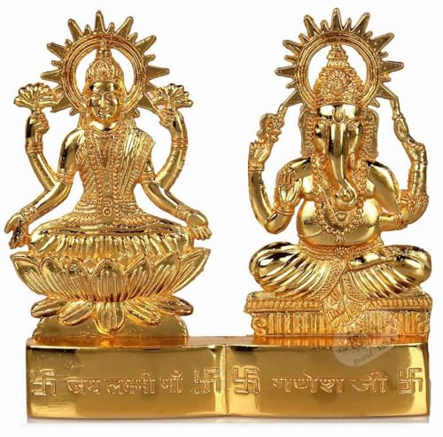 IS4A Lakshmi Ganesh Gold Plated Energized Idol Statue Figurine Wedding Festival Anniversary Diwali Puja Spiritual Gift 4 Inch