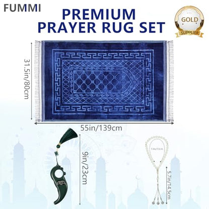 FUMMI Soft Padded Muslim Prayer Rug with Tasbih Beads, Thick Non-Slip Islamic Prayer Mat, Luxurious Janamaz for Men & Women (Blue) - color: Blue(with Counter)