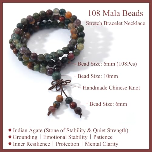108 Mala Beads Stretch Bracelet 6mm Natural Gemstone Prayer Beaded Necklace - color: Indian Agate