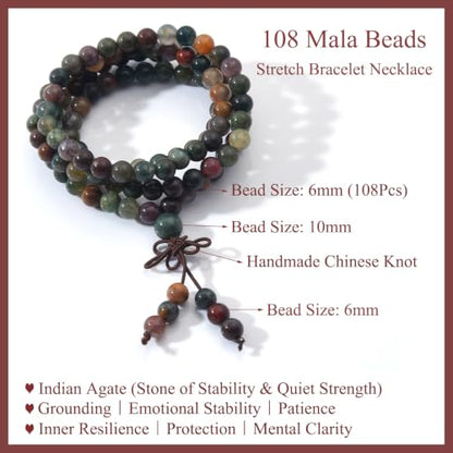 108 Mala Beads Stretch Bracelet 6mm Natural Gemstone Prayer Beaded Necklace - color: Indian Agate