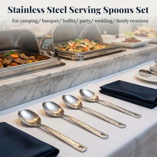 4 Pack Stainless Steel Serving Spoons, 12 Inch Large Buffet Serving Utensils, Heavy Duty 18/8 Metal Spoons with Textured Handle, Dishwasher Safe for Catering, Party, Kitchen