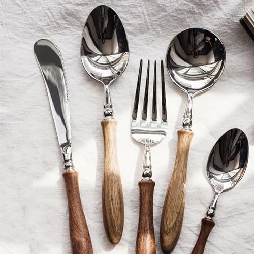 20 Piece Silverware Set Service for 4,Premium Wooden Handle Stainless Steel Flatware Set Home Include Fork Knife Spoon Set Gift Package for Christmas （Light Brown） - color: Light Brown, size: 4 people, 20 pieces