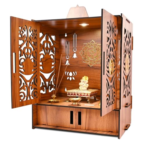 Wooden Temple Mandir for Home Beautiful Pooja with LED Light and Wall Mounts | Elegant Pooja Mandir for Home Big Size(H-17.3, L-11, B-10.6 inch)