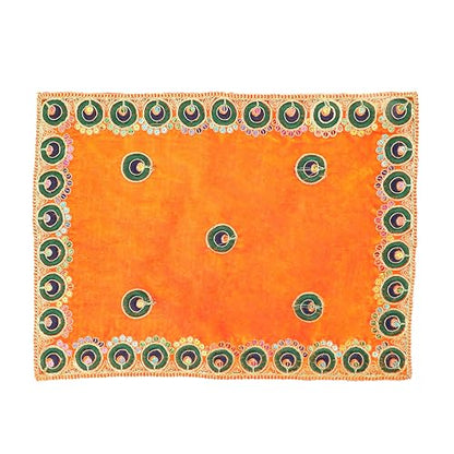 Set of 2 Mat Aasan Pooja Cloth God Idol Puja Temple Altar Cloth (10"X7") - color: Orange & Blue