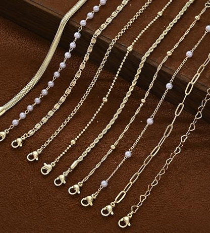 10 Pcs 14K Gold Plated Bracelet for Women, Dainty Stackable Chain Set - color: Gold-pearl