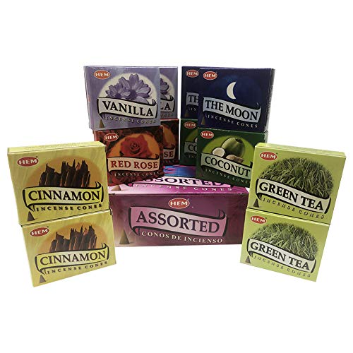 Hem Incense Cones Variety Pack #1 and Cone Incense Burner Bundle with 6 Unique Fragarances - color: Popular Cones