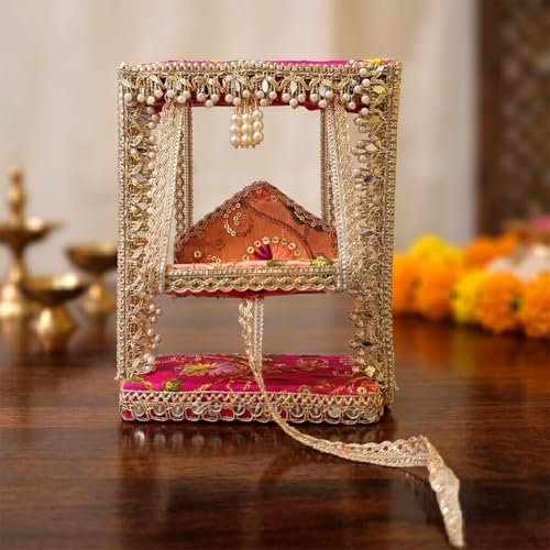 SATVIK 1Pc - Janmashtami Krishna Jhula Decorative Wooden Swing for Laddu Gopal | Fabric & Lace Handcrafted Design | Pooja Mandir Festive Decor