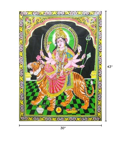 Goddess Durga/Sheran Wali Mata Batik Cotton Wall Hanging Painting : Size 43"x30" Inches - color: Durga
