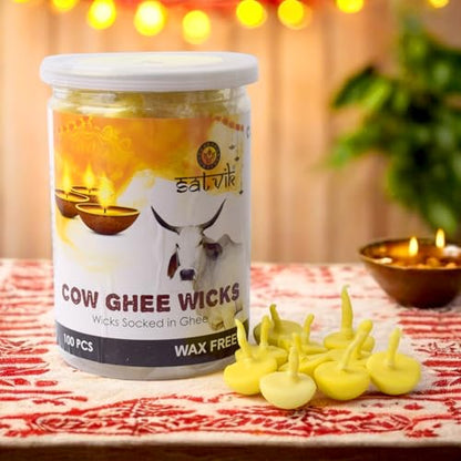 SATVIK Pack of 100 Pure Cow Ghee Wicks for Puja | Ready-to-Use Diya Batti | 30-Min Burn Time | Wax-Free Cotton Wicks | Ideal for Pooja, Meditation, Diwali, and Housewarming Gifts - size: 100PC