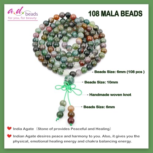 AD Beads 6mm 8mm 108 Prayer Mala Jasper Elastic Bracelet - Handmade Yoga Meditation Healing Power Energy Gifts for Unisex Adult. - color: India Agate(Peaceful)
