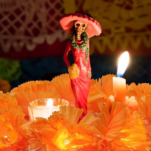 1 Pack Lighted Marigold Garland 10 LED Artificial Marigold Flowers String Lights Dia de Los Muertos Decorations for Halloween Diwali Indian Party (1, 5 Ft 10 LED) - size: 5 Ft 10 LED