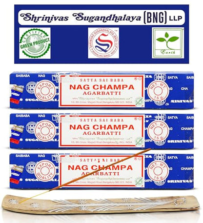 Satya Nagchampa Incense Sticks, Satya Bng (Bangalore) Insenses 15gmx3 Pack (45 GMS) with Raajsee Incence Holder Bundle, Satya Nagchampa Natural Incense - color: Nagchampa