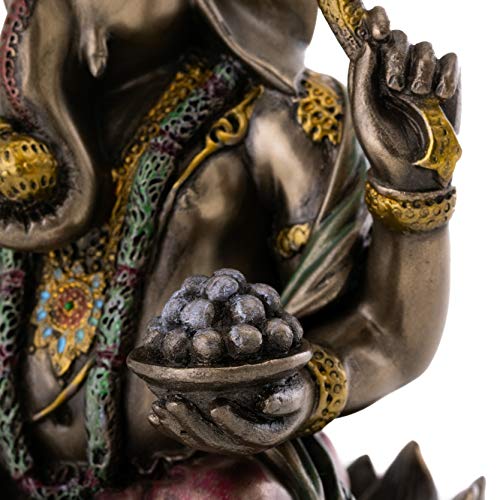 Top Collection Ganesh Statue Sitting on Lotus Pedestal - Lord of Success Sculpture in Premium Cold Cast Bronze with Colored Accents - 7.25-Inch Collectible Hindu God Ganesha Figurine