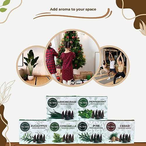 TRUMIRI Leafy Incense Cones - Variety Pack - Total 60 Cone Incense (6 Scents x 10 Conos) - Citronella Lemongrass Eucalyptus Peppermint Cedar Pine - Cone Incense Scents - Insense Cones - Incent Cone - color: Leafy