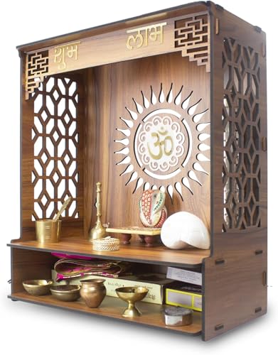 Wooden Hindu Pooja Mandir Temple with Om Sun Backpanel, Shubh Labh Carvings, Lattice Side Panels, and Storage Shelf