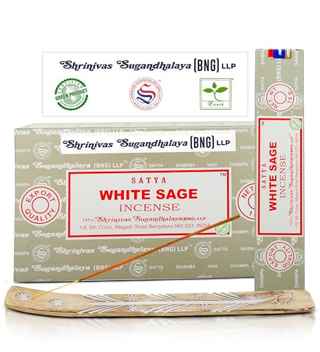 Satya Nag Champa White Sage Incense Sticks, SatyaBng (Bangalore) Insenses 15gmx12 Pack with Raajsee Insence Holder Bundle, Nag Champa Natural Incense - color: White Sage