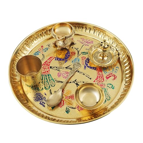 Decorative Brass Pooja Thali Set of 6 Pcs Brass Pooja 1 Plate with 1 Bowl 1 Diya 1 Spoon 1 Glass and 1 Incense Stand for Indian Traditional Festival Decorations Temple Home Bhog(Thali Size:-8") - size: 8 Inches