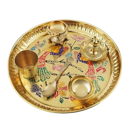 Decorative Brass Pooja Thali Set of 6 Pcs Brass Pooja 1 Plate with 1 Bowl 1 Diya 1 Spoon 1 Glass and 1 Incense Stand for Indian Traditional Festival Decorations Temple Home Bhog(Thali Size:-8") - size: 8 Inches