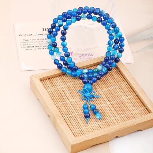 AD Beads 6mm 8mm 108 Prayer Mala Jasper Elastic Bracelet - Handmade Yoga Meditation Healing Power Energy Gifts for Unisex Adult. - color: Blue Stripe Agate(Soothing)