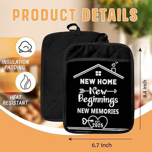 Housewarming Gifts Pot Holders with Pockets, New Home New Beginnings Memories Oven Pot Holders Heat Resistant Oven Mitts Hot Pads for Kitchen Baking Cooking - color: Black New Home