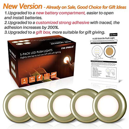 STAR-SPANGLED 2.8” LED Stick on Push Tap Light Battery, 5 Pack Golden Warm - color: Golden - Warm White