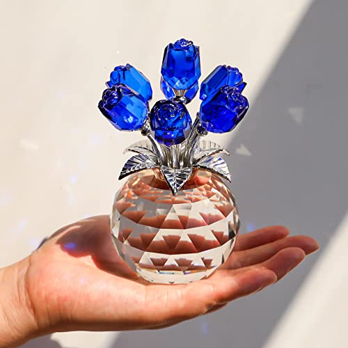 Movdyka Blue Crystal Rose Glass Flowers with Vase Figurine Home Decor - color: Blue-crystal Rose