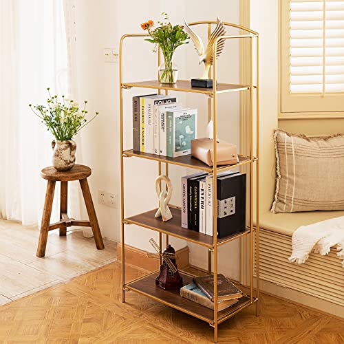 Crofy 4-Tier Foldable Bookshelf, Gold Frame & Walnut Shelves - color: Gold Frame & Walnut Shelf, size: 4 Tier