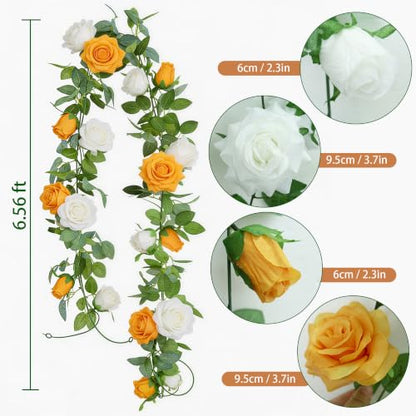 GREENTIME 2Pack Orange White Flower Garland Each 6.5FT Fake Rose Garland - color: Orange White