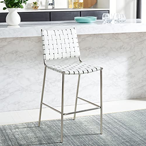 SAFAVIEH Home Collection Bahari White Woven Leather/Silver Woven 26-inch Kitchen Island Breakfast Nook Counter Stool (Fully Assembled) - color: White/Silver