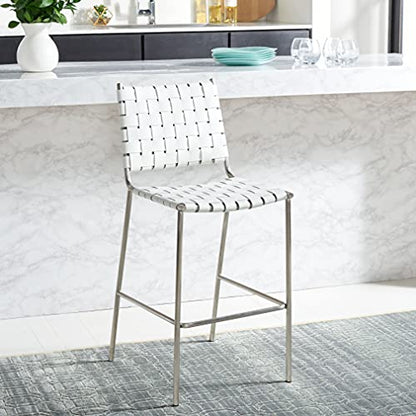 SAFAVIEH Home Collection Bahari White Woven Leather/Silver Woven 26-inch Kitchen Island Breakfast Nook Counter Stool (Fully Assembled) - color: White/Silver