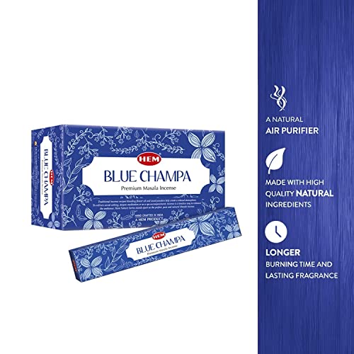 HEM Premium Blue Champa Masala Incense Sticks | Pure Herbs, Wood Powder | Aromatherapy Incense for Stress Relief, Air Purifier & Cleansing | Gift Set - Pack of 12 (15 GMS Each) - size: Blue Champa