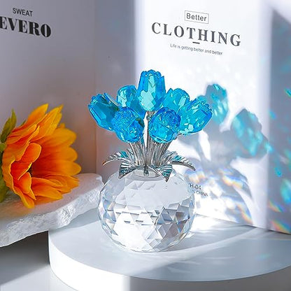 Movdyka Blue Crystal Rose Glass Flowers with Vase Figurine Home Decor - color: Lake Blue-crystal Rose