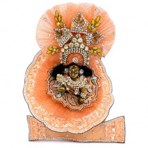 DREEMOH GOD'S TREAT Kanha Ji Zardozi Poshak – Silk Net Designer Dress for Krishna Ji | Bal Gopal Dress with Necklace, Pagri, ANG Rakha | Idol Outfit for Thakur Ji (Peach, 8 Inch) - color: Peach, size: Pack of 1 (8 Inch)