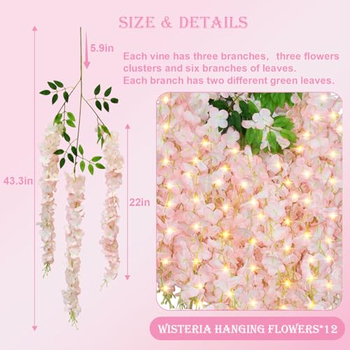 Wisteria Hanging Flowers with Lights, 12 Pcs Artificial Wisteria Garland - color: Light Pink With Lights, size: 12 Pack