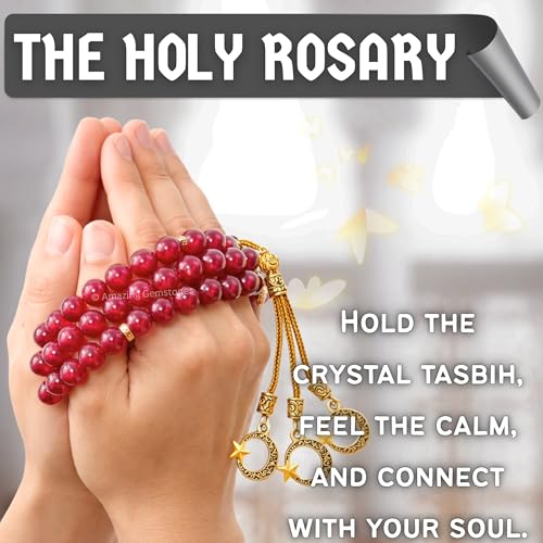 Amazing Gemstone Crystal Tasbeeh with Moon and Star Charm - Certified Crystal Muslim Prayer Beads Natural Gemstone Tasbih Gift for Ramadan Dhikr and Daily Namaz (G) - color: Ruby Jade (dye)