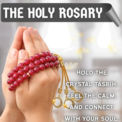 Amazing Gemstone Crystal Tasbeeh with Moon and Star Charm - Certified Crystal Muslim Prayer Beads Natural Gemstone Tasbih Gift for Ramadan Dhikr and Daily Namaz (G) - color: Ruby Jade (dye)
