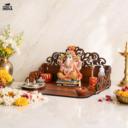 Wooden Pooja Mandir for Home Wall | Small Temple for Office & Room | Indian Wooden Temple for Table or Shelf | Compact DIY Mandir | 12x9x6 Inch | Classic Design