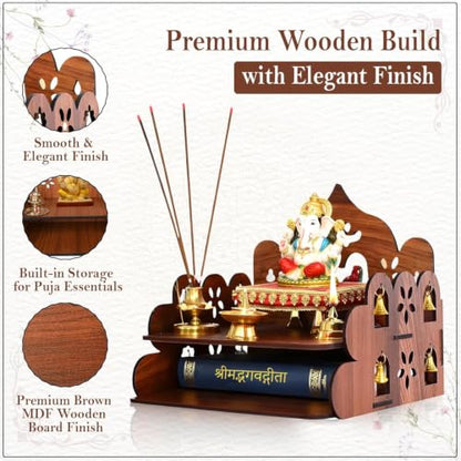 Small Pooja Mandir for Home Wall Mount & Tabletop | Wooden Temple with Bells | Mini Mandir for Office, Home, Daily Worship & Decor