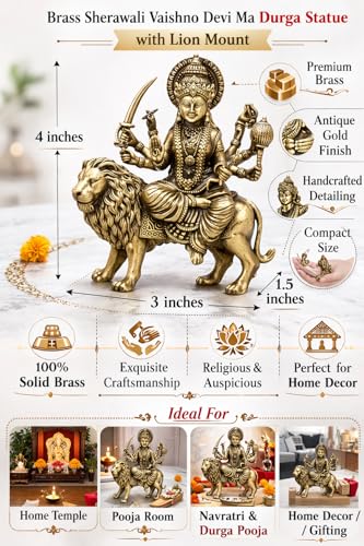 Brass Sherawali Vaishno devi Ma Durga Statue with Lion Mount Height 4" inch (Approx.) , Antique Gold Finish, Religious Hindu Idol for home temple mandir pooja room or home decor , navratri durga pooja