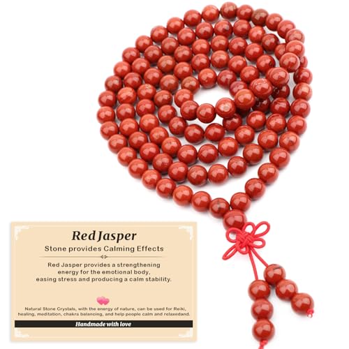 AD Beads 6mm 8mm 108 Prayer Mala Jasper Elastic Bracelet - Handmade Yoga Meditation Healing Power Energy Gifts for Unisex Adult. - color: Red Jasper(Calming)