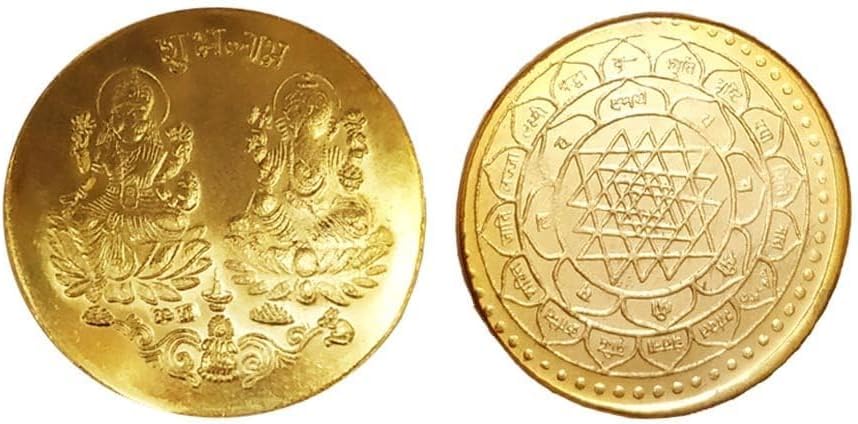 Laxmi Ganesh Gold Plated Brass Coiin Set, Goddess Lakshmi and Lord Ganesha with Sri Yantra, Diwali Puja Dhanteras Gift, Pack of 21
