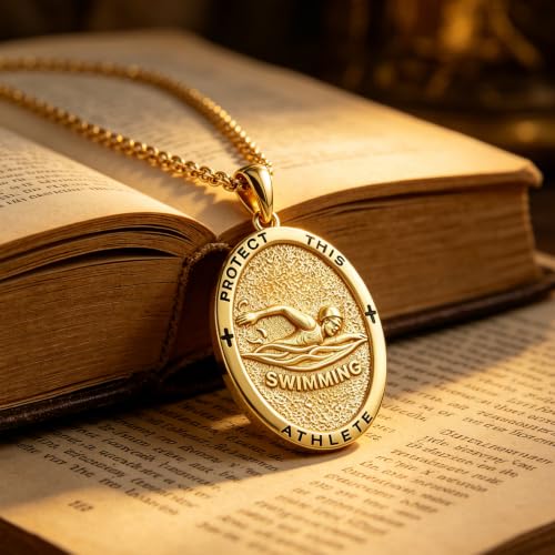 Silver/14K Gold Patron Saint Medal Amulet Necklace for Men Women - color: Gold, style: 26A-St Sebastian Swimming